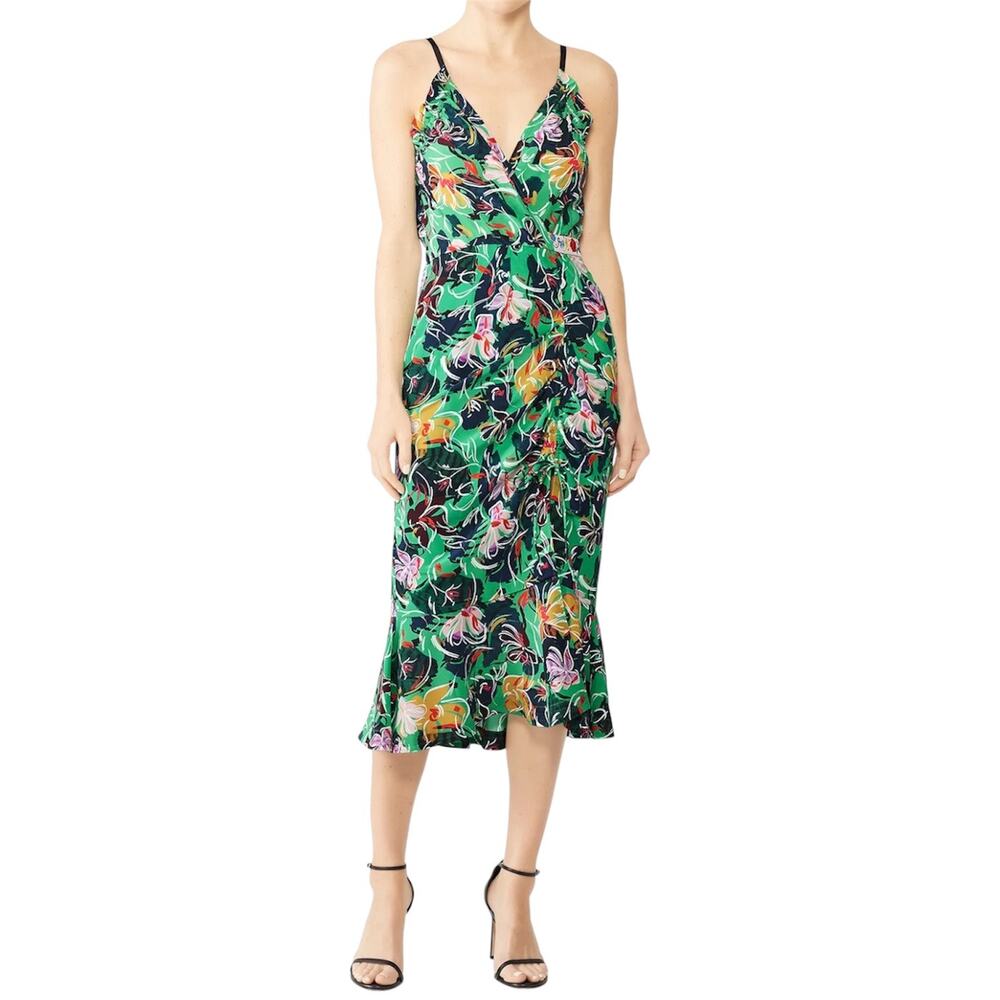 Saloni Jennie Emerald Green Floral Print Silk Midi Dress Women’s Size 4 Cocktail